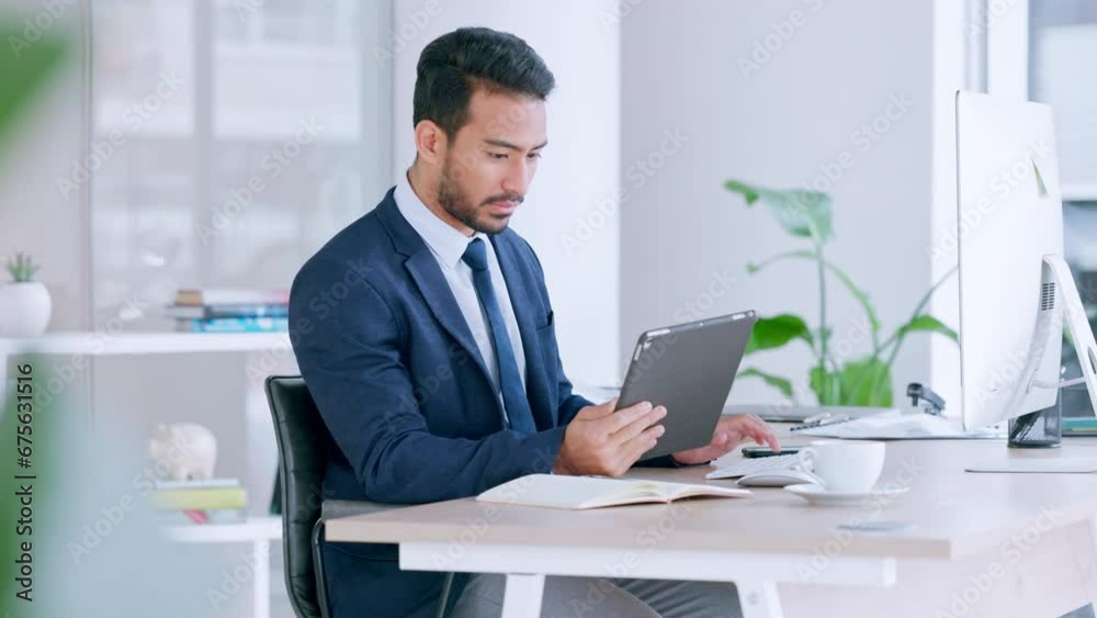 Poster Businessman using digital tablet, typing on computer keyboard and planning global business strategy. Confident professional sitting alone in office, multitasking and using technology to innovate idea
