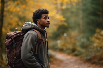 The portrait of a strong and young male trekker with a big backpack and a green jacket is walking through a forest. Generative AI.