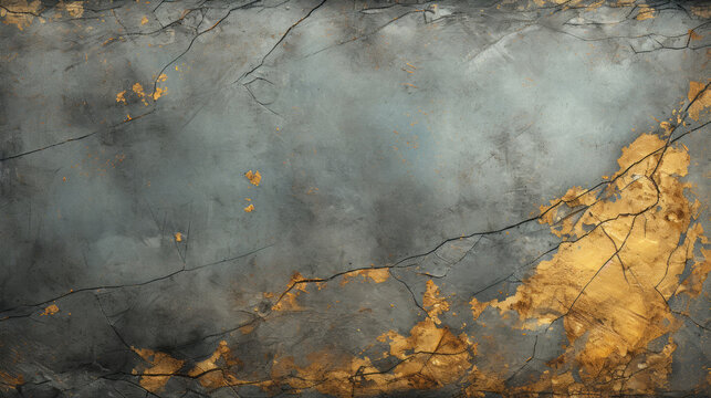 Soft old gray vintage background wall with cracked slate and gold leaf floral created with Generative AI Technology 