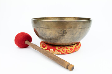 Tibetan handcrafted full moon singing bowl crafted with full moon logo and a red mallet (Striker...