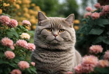 Fototapeta na wymiar The charming appearance of a British Shorthair cat with a round face and dense, luxurious fur in the sun flowers garden