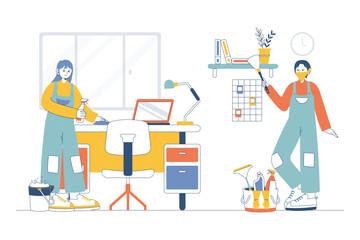 Two Cleaning Staff Tidying Up the House Joyfully