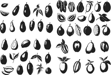 Fruits in silhouette style. Food vector, sticker, solid black silhouette image on white background,