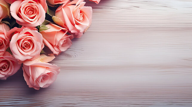 Spring floral background Fresh blooming pink roses flowers on soft gray wooden table with empty space for text created with Generative AI Technology