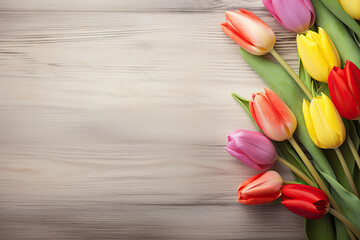 Spring floral background Fresh colorful blooming tulips on soft gray wooden table with empty space for text created with Generative AI Technology