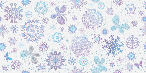 Christmas vector seamless handwork pastel pattern with stars and gradient snowflakes and butterflies on white background