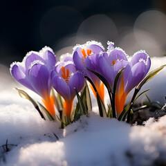 Crocus flowers blooming through snow. Generative ai. 