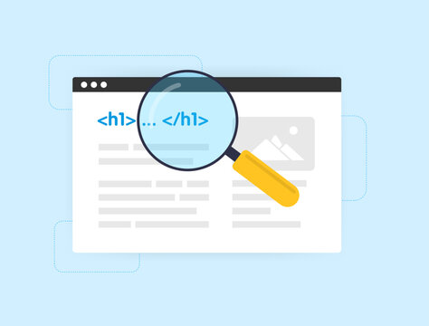 H1 SEO Title Tags concept. Optimize website headings for better search engine visibility. Technical on-page SEO optimization vector illustration isolated on blue background with icons