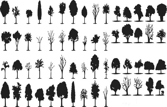 Trees in silhouette style. Vector, sticker, solid black silhouette image on white background,
