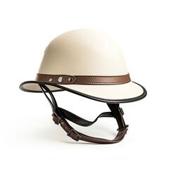 white riding horse hat with leather strap on white background created with Generative AI Technology