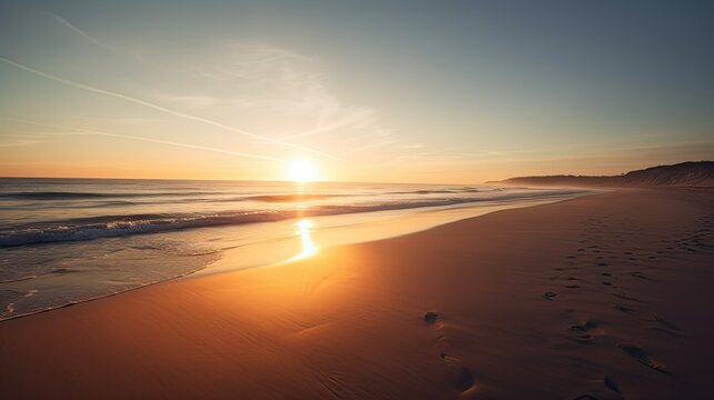 Closeup sea sand beach. Panoramic beach landscape with sunrise. beach seascape horizon. Vacation travel holiday banner