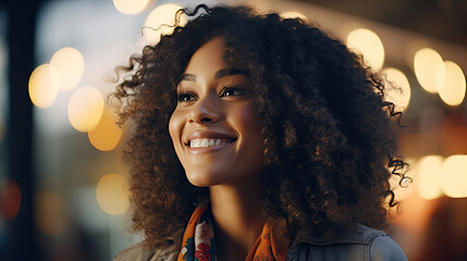 happiness of young African American female model smiling laughing and talking with beautiful bokeh backlight created with Generative AI Technology