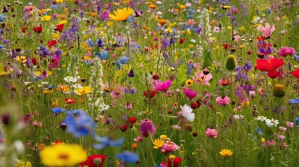 beatiful field of flowers, rural nature flower meadow, grass and flowers