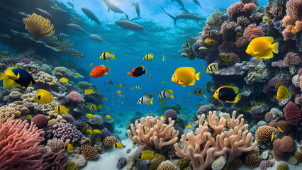 Fototapeta na wymiar An underwater coral reef teeming with colorful fish and vibrant marine life.
