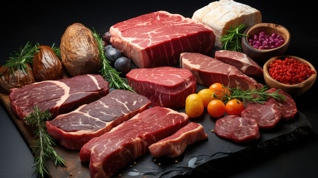 different cuts of various slices of raw red animal meat on table