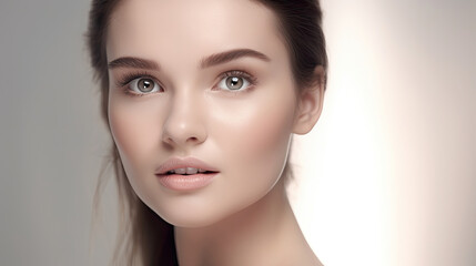 Obraz premium Skin care advertising concept for beautiful women model with radiant facial skin, healthy and smooth skin, rosy cheeks, natural eyebrow peach lip gloss makeup