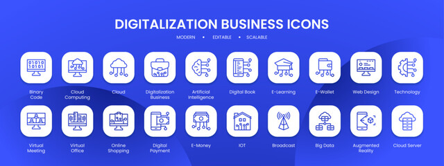 Digitalization business icon collection with black filled line outline style. digital, set, business, web, collection, technology, symbol, internet. Vector Illustration