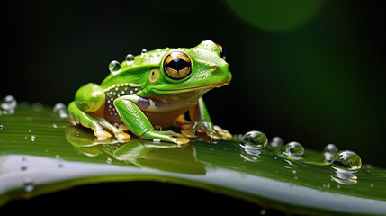 Obraz premium small green tree frog toad on a green leaf with raindrops around it