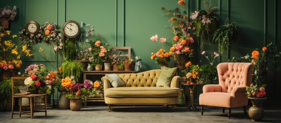 The vintage inspired interior design concept combines the beauty of colorful floral decorations with the freshness of summer nature incorporating old and new elements to create a stunning gr - obrazy, fototapety, plakaty
