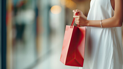Shopaholic Woman in white summer dress holding red shopping tote bag mockup in shopping mall created with Generative AI Technology