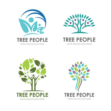 set Tree people logo design. abstract tree people logo design
