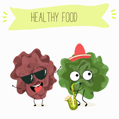 Character cartoon Salad of green and red trocadero lettuce, lactuca sativa vector illustration, funny greens, cheerful vegetables.