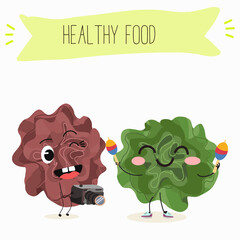 Character cartoon Salad of green and red trocadero lettuce, lactuca sativa vector illustration, funny greens, cheerful vegetables.