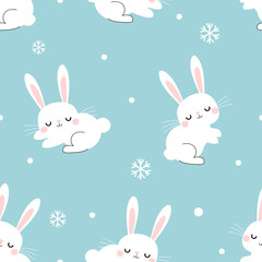 Seamless pattern with bunny rabbit cartoon and snowflake on winter green mint background vector illustration.