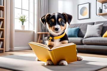 A dog reading a book. Generative AI - obrazy, fototapety, plakaty