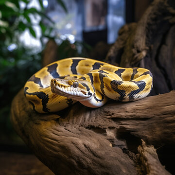 Beautiful yellow and black ball-python in it's enclosure