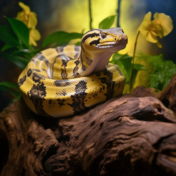 Beautiful yellow and black ball-python in it's enclosure