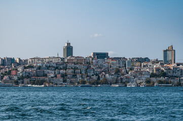 Naklejka premium European shore of Istanbul. View of the modern city, the Bosphorus and the Besiktas district.