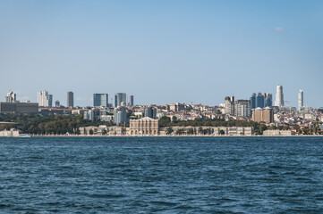 Fototapeta na wymiar European shore of Istanbul. View of the modern city, the Bosphorus Strait and Dolmabahce Palace.