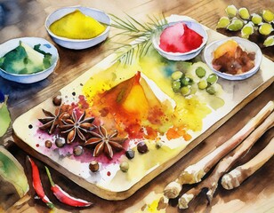 Water Color Painting Variety of allspice ingredients and condiments for food seasoning on cutting board in old fashioned kitchen