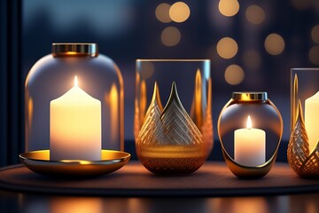 Christmas banner with burning candles,Generative AI,magic potions on a blue background,Beautiful...