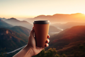 Human hand holding a takeaway coffee cup with mountain background.