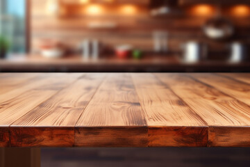 Top of surface wooden table with blurred modern kitchen background.