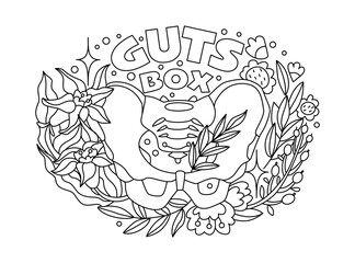 Decorative composition with pelvic bone and flowers. Inscription guts box. Isolated vector illustration in line art style for coloring pages and tattoos.