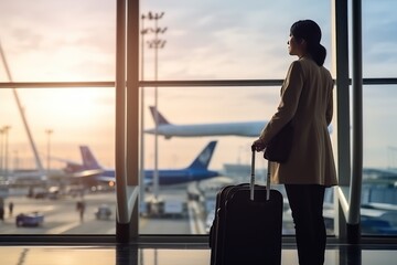 A young Asian woman waits for the boarding announcement for her flight while watching planes land and take off through a large panoramic window in the airport terminal.