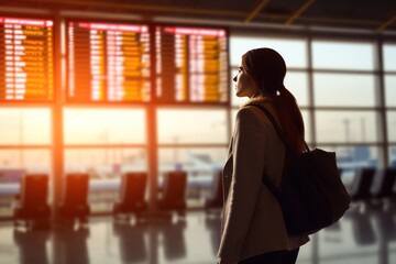 Young Caucasian woman waiting for her flight to be boarded in front of an information board at the airport. She looks through the entries on the board in search of her gate number.