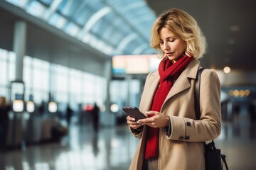 Caucasian blonde woman in front of an information board at the airport. She checking online check-in via a smartphone app. Photo with copy space.