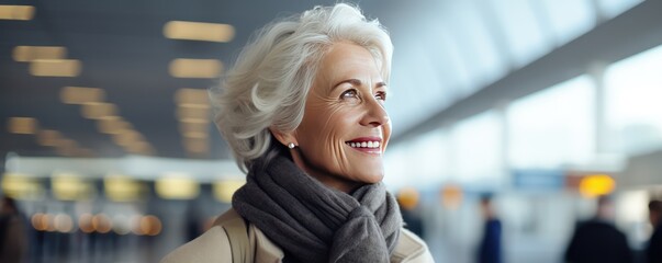 Smiling middle aged woman in front of an airport check-in terminals in the background. Format photo 5:2
