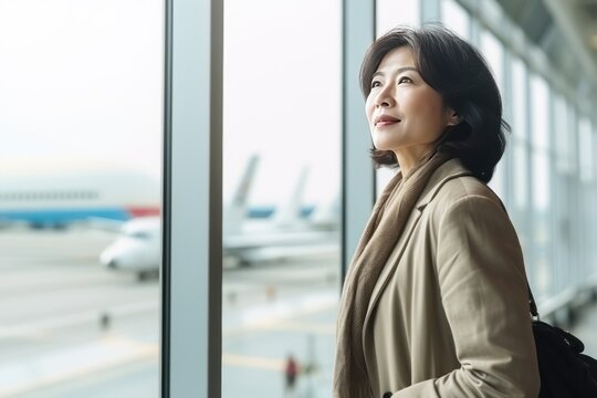 Middle aged Asian woman waiting for the boarding announcement for her flight.
