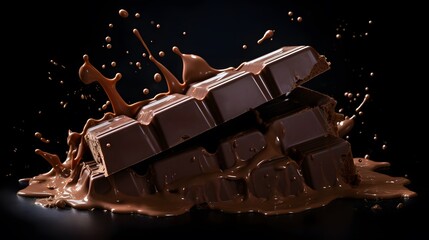 a chocolate bar with chocolate splashing out of it on a black background. a chocolate bar with...