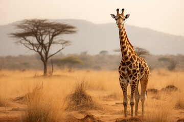 Giraf wildlife animal in africa with savanna background - obrazy, fototapety, plakaty