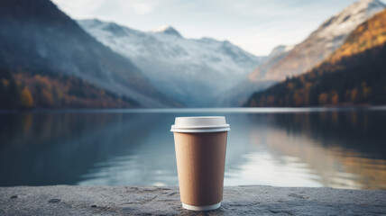 Takeaway coffee cup with lake and mountains background.