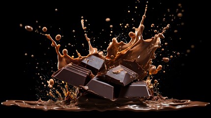 a chocolate bar with chocolate splashing out of it on a black background. a chocolate bar with chocolate splashing out of it on a black background.  - obrazy, fototapety, plakaty