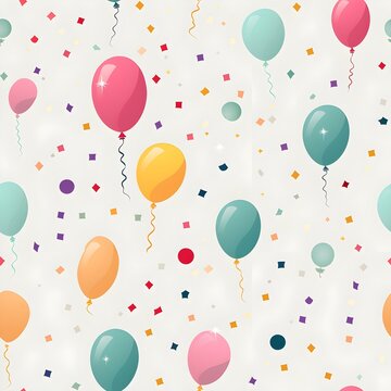 Seamless pattern with pastel colour balloons, confetti, and party hats for a festive and celebratory theme