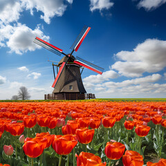 Windmill in a Tulip field. Generative ai. 