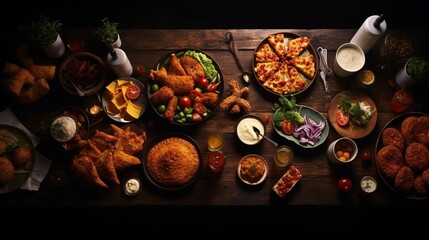 Buffet table scene of take out or delivery foods. Pizza, hamburgers, fried chicken and sides. Above...